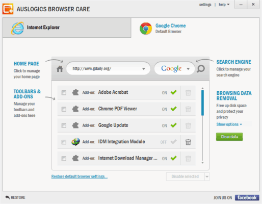 Auslogics Browser Care 3.0 瀏覽器設置/清除緩存