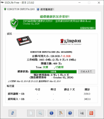 SSDLife 2.5 查看SSD固態硬碟資訊,運行時間/讀取寫入量/壽命/健康度